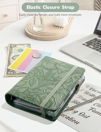 Image of A6 Budget Binder for Money Saving, PU Leather Budget Planner with 8 Cash Envelopes, Budget Sheets & Rose Gold Category Stickers, Money Organizer for Cash (Green Embossed Floral)