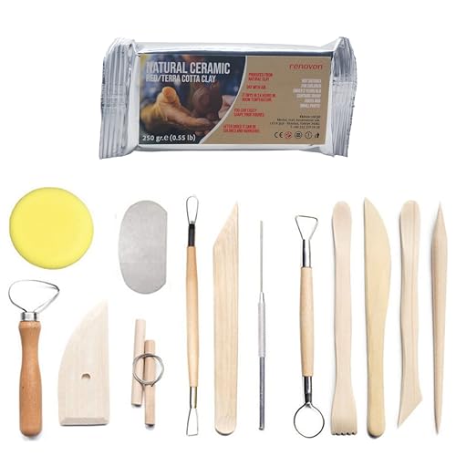 Havada Kuruyan Doğal Seramik Kil + Ebeşuar (Şekillendirme) Seti | Pişmeyen Heykel Hobi Çömlek 13 Parçalı Seramik Aleti Seti Çocuk Yetişkin El Sanatı Model yapımı 250 g natural TerraCotta kil ile