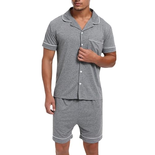 Rrongwn Pijama corto para hombre de algodón de manga corta con botones, ropa de dormir de dos piezas con botones y bolsillos, traje de casa, gris oscuro, M