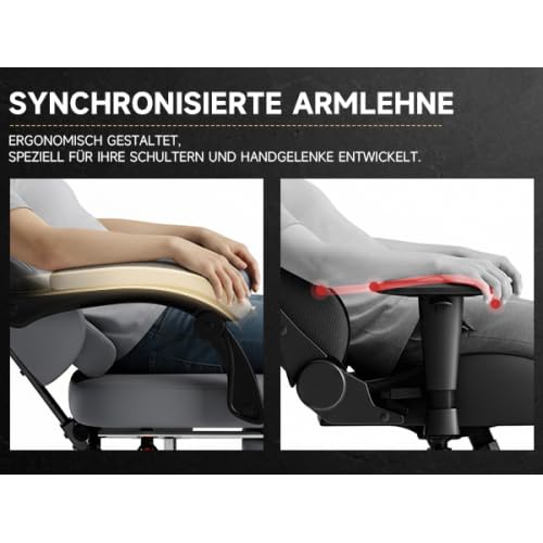 Krzesło gamingowe ze skóry PCW z funkcją masażu i podnóżkiem – ergonomiczne krzesło PC z regulowanym oparciem i synchronicznymi podłokietnikami – krzesło biurowe do 150 kg – ciemnoszare