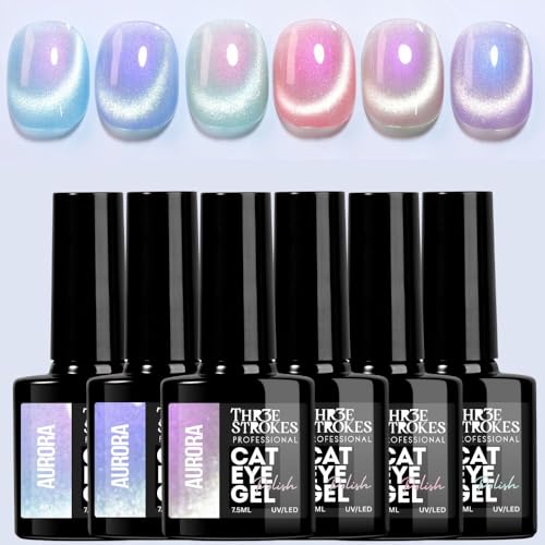 Image of THR3E STROKES Cat Eye Gel Nail Polish Set for Pink Brown Glitter Holographic Cat Eye, Salon Gel Manicure and Nail Art DIY at Home, Bright Moonlight (AURORA)
