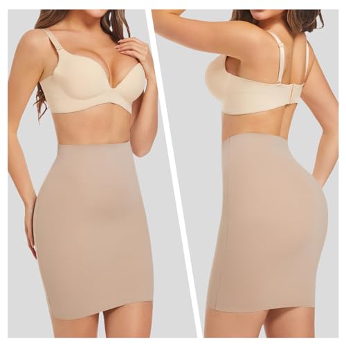 ONEW Bauchweg Shapewear Unterrock Damen Nahtlose Hoch Taillen Halbrock Taillentrainer Miederrock Body Shaper Shaping Half Slip Beige M