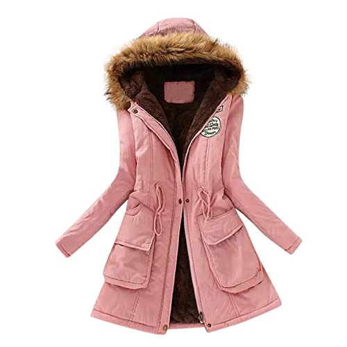 Womens Winter Coats, Warm Sherpa Lined Jacket Mid Length Heavy Parka Coat Thickened Windproof Outerwear With Fur Hood #TOP2