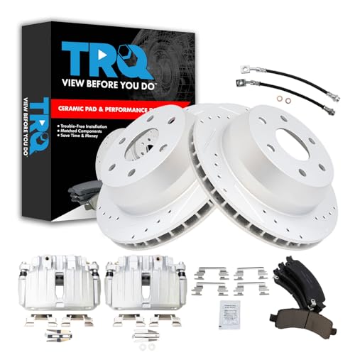 Image of TRQ Performance Rear Brake Pad and Rotor Set Ceramic Slotted Drilled Calipers Compatible with 2002 Chevrolet Avalanche 1500 Suburban 1500 Tahoe GMC Yukon Yukon XL 1500