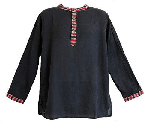 Yak & Yeti Men's Kurta Stone Washed Lightweight Cotton Mandarin Style Collar (Large, Black)