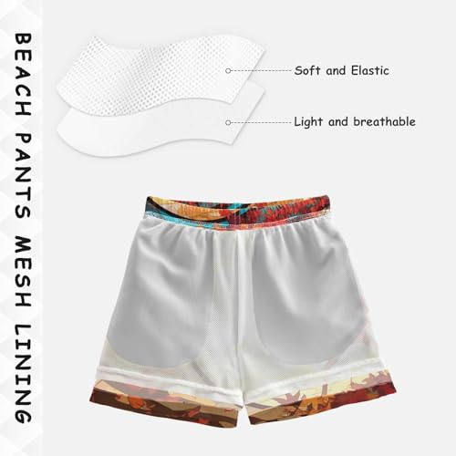 Boys Quick Dry Swim Trunks with Pockets Stained Glass Maple Leaf Deer Beach Shorts for Kids Toddler Swimsuit4