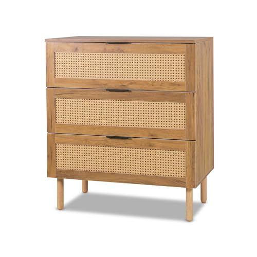FRANKYSTAR Mang - Comò a 3 cassetti in legno e rattan, cassettiera 80x40xH90 cm