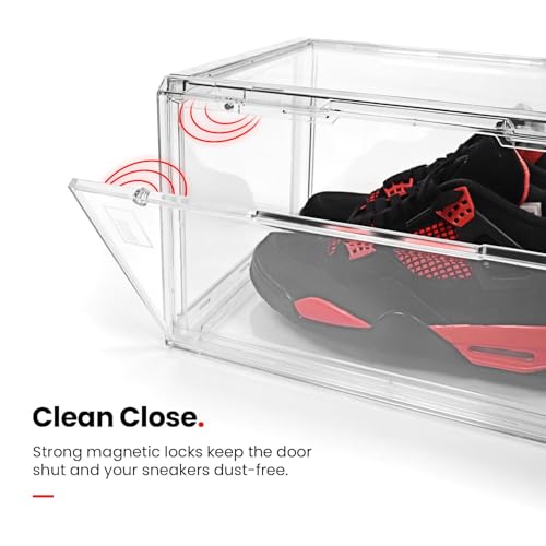 Image of Sneaker Storage Box Transparent Stackable Shoe Organizer Case with Magnetic Drop Front Door for Footwear Display and Storage (1, Transparent)