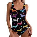 Bathing Suit for Women Black Dachshund Puppy Animal Dog Art, Tummy Control Monokini, Flattering Swimwear for Beach Trips