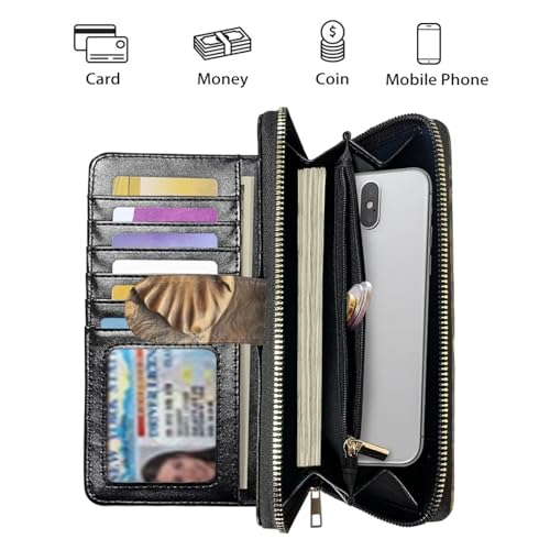 Image of COEQINE Ladies Wallets Pink Leopard Heart Black Printed Leather Phone Long Clutch Purses Check Coin Change Holder