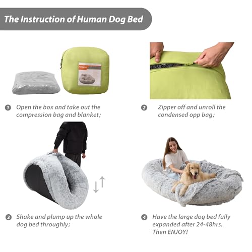 Homguava Large Human Dog Bed 75.5"x55"x12" Human-Sized Big Dog Bed for Adults&Pets Giant Beanbag Bed with Washable Fur Cover,Blanket and Strap, Grey Plush