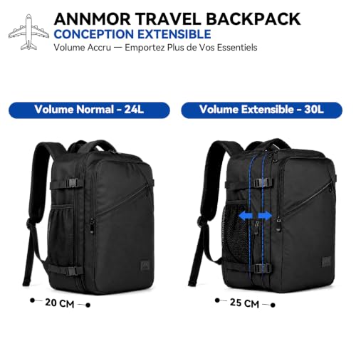 ANNMOR Sac a Dos Voyage Cabine Avion, 24L Sac a Dos Cabine Avion 40x30x20, Extensible jusqu'à 30L Conforme Air France, Ryanair, Compartiment Ordinateur 15,6 Pouces & Port USB Pour Voyages - Noir – vue 6
