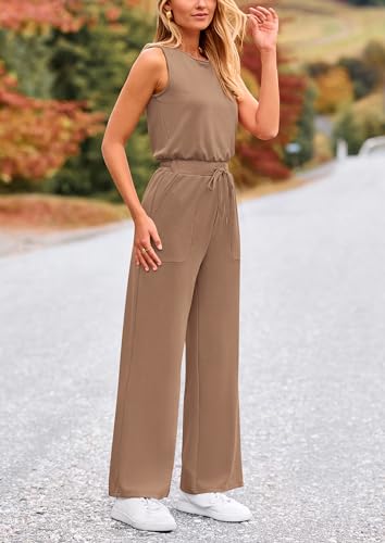 PRETTYGARDEN Jumpsuits for Women Dressy Casual Summer Clothes Sleeveless Wide Leg Long Pants Rompers Outfits (Khaki,Large) — view 4