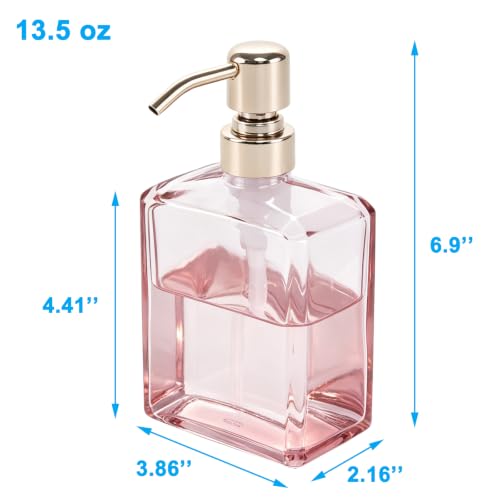 Image of Soap Dispenser Pink Glass Rectangular, Polished Rose Gold Pump | 13.5 oz, Rust Proof Stainless Steel Pump, Refillable, Hand Soap, Liquild Soap, Dish Soap, Bathroom, Kitchen