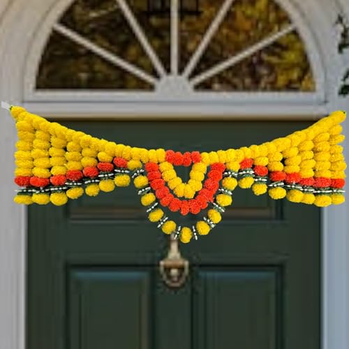 Image of iHandikart Handmade (40 Inch) Artificial Marigold Bandanwar with Chakri Mogra & Tofu Leaves Traditional Floral Door Bandanwar for Makar Sankranti, Lohri, Griha Pravesh & Elegant Home Decor (B0075)