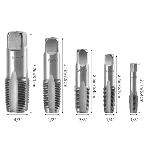 5-teiliges NPT-Rohrgewindebohrer-Set, 3/4, 1/2, 3/8, 1/4, 1/8 Zoll Sanitär-Werkzeugsatz Zum Gewindeschneiden aus Kohlenstoffstahl, Gewindebohrer-Set, Vielseitige NPT-Gewindegrößen