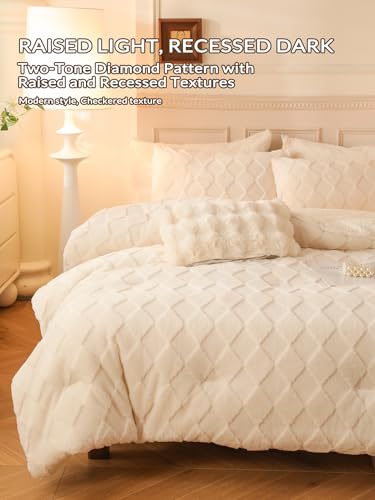 Image of Tufted Fleece Comforter Set King - Super Soft Warm Fluffy Shaggy Bedding Sets, Diamond Plaid Jacquard Bed Set for Winter, 1 Sherpa Comforter with 2 Pillow Cases (104 inchX90 inch Ivory White)