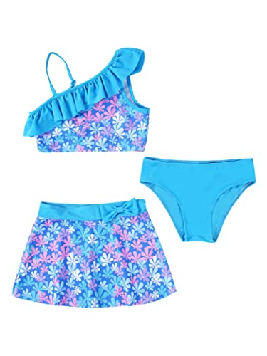 Kids Girls Tankini 3 Pieces Swimsuit Ruffles Flounce Printed Swimwear Hawaii Beach Bikini Sets Rash Guard Sky Blue 10 Years3