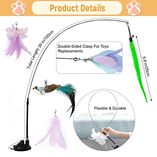 Jetczo Cat Feather Toys, Interactive Cat Wand Toys With Super Suction Cup Detachable 5Pcs Bird Feather Replacements, 2 Teaser Wand Cat Spring Feather Toys For Indoor Cats Kitten Play Chase Exercise #TOP1
