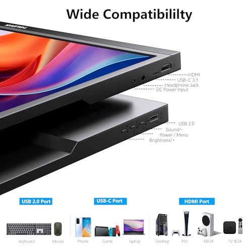 Image of Thinlerian 17.3 Inch Portable Monitor 1600x900 HD Resolution with USB-C HDMI Dual Speakers, External Display Second Screen for Laptop PC Phone, Travel, Office