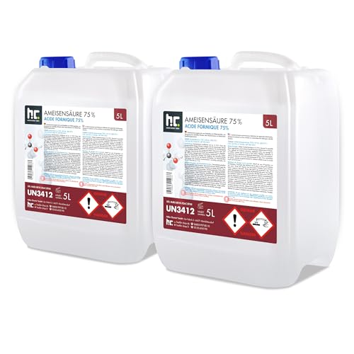 Höfer Chemie – 2 x 5L Ameisensäure 75% – Starker Entkalker & Reiniger für Imker, Leder, Kunststoffe & Edelsteine – Ideal zum Entkalken, Beizen & Imprägnieren – Methansäure, Formylsäure, Carbonsäure
