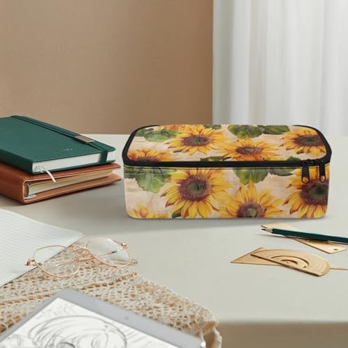 Image of Sunflower Vintage Large Pencil Pouch for Women Girls Aesthetic Pencil Case with Pen Slot Kids Pencil Bag for Eleementary Children Boys Pencil Container for Teens Students Pencilcase
