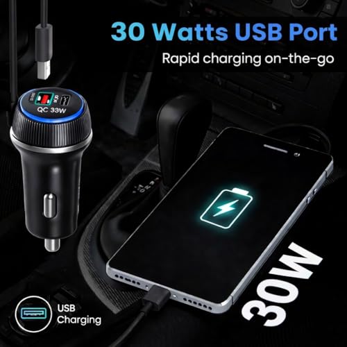 Image of Fire Turtle 125W Triple Output Fast Car Charger with 65W Type-C Cable, 30W Type-C PD, 30W QC USB Port, Compatible with Laptop, iPhone & Android Smartphone (Spring Cable Car Charger)