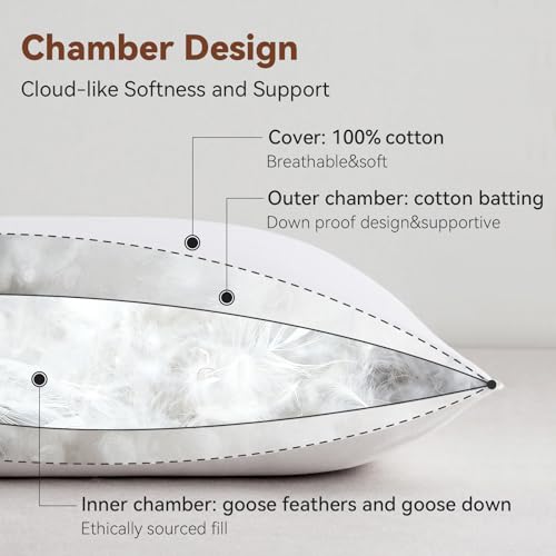 Image of Luxury Goose Feathers Down Pillows Queen Size Set of 2, Hotel Quality Fluffy Bed Pillows, Soft Pillows for Sleeping, Cotton Cover(20x28, Pack of 2)