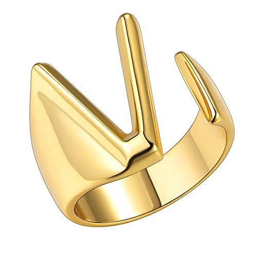 Cupimatch Anillo Abierto Mujer Latón: Anillo Mujer Oro Anillo Grueso Letra Anillo Letra v Ajustable Elegante Joyería - Regalos Disfraces Fiesta Joyería para Mujer