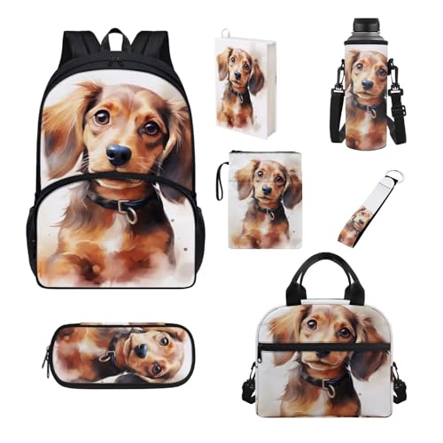 Set di 7 pezzi zaino per scuola elementare primaria sencondaria ragazze ragazzi bookbag borsa pranzo astuccio Stampa cane Taglia unica Set di zaini per la