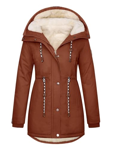 Wiepux Women's Fleece Lined Jacket Winter Coat Warm Thicken Sherpa Parka Jackets Fuzzy Puffer Outwear with Hood,Brown,M