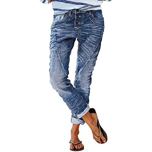 Jeans Damen Low Waist - Jeanshose Lang Straight Leg Vintage Destroyed Denim Hose Mit Gummizug - Boyfriend Freizeithose Falten Streifen Locker Für Frauen