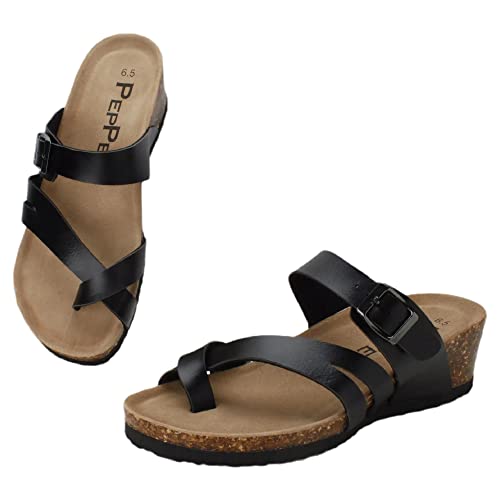 Peppep Comfortable And Stylish Low Wedge Sandals For Women Or Ladies - Slip On, Cork Footbed, Cute Strapy Or Bow, Real Suede And Memory Foam Insole For Summer(7,Black) #TOP4