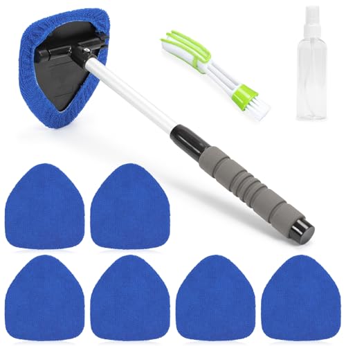 Bafiwu Nettoyeur de Pare-Brise avec 6 Tampons en Microfibre, Flacons Pulvérisateurs et Manche Télescopique Rotatif à 180 Degrés, Kit de Lavage de Fenêtres de Voiture, Bleu