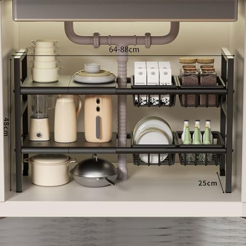 Under Sink Organizer, 2-Tier Expandable Shelves for Kitchen & Bathroom Cabinets, Pull-Out Drawers Storage Solution for Maximum Space Efficiency