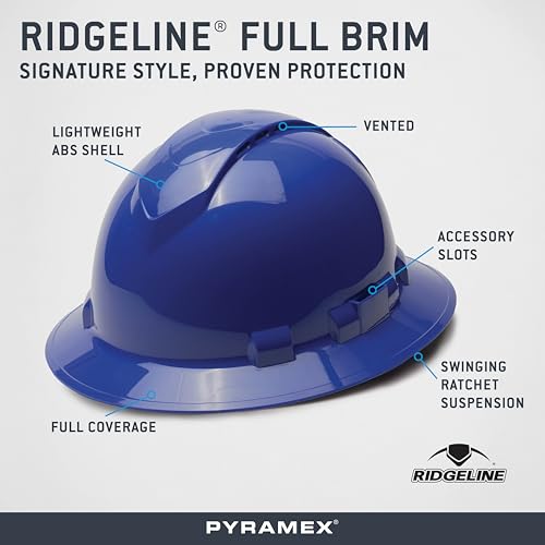 Pyramex Ridgeline Full Brim Hard Hat 6 Point Ratchet Blue Vented