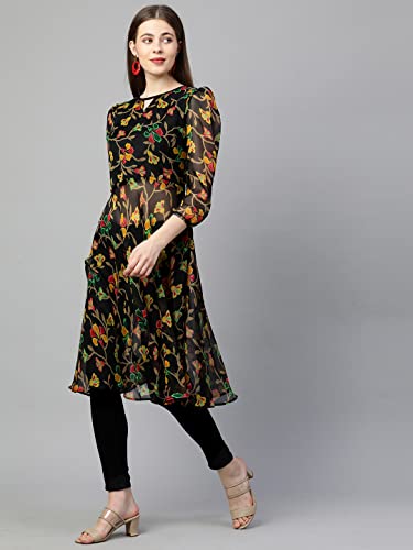 Image of GoSriKi Women's Chiffon Angrakha Kurta (KT-COT-10157-BLACK-GO)