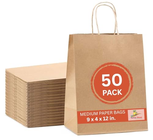 Image of Brown Kraft Paper Bags with Handles- 50pcs 9 inchx12 inchx4 inch Medium size Bags, Return Gift Craft Paper carry Bag for Shopping Retail Merchandise - Disposable