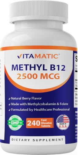Vitamatic Methyl B12 2500 mcg with Folic Acid Natural Berry Flavor 240 Fast Dissolve Tablets Methylcobalamin Vitamin B12 for Energy & Nervous System Support Vegan & Non-GMO Supplement