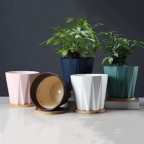 Pot de fleur en céramique unie avec plateau grand format style prisme - 5