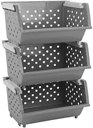 Bblie 3-tier Grey Large Stackable Backets, Plastic Stacking Storage Baskets
