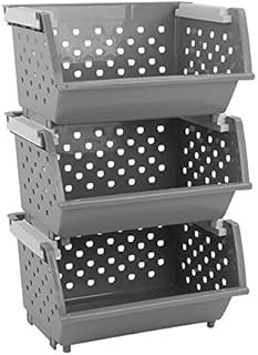 Bblie 3-tier Grey Large Stackable Backets, Plastic Stacking Storage Baskets