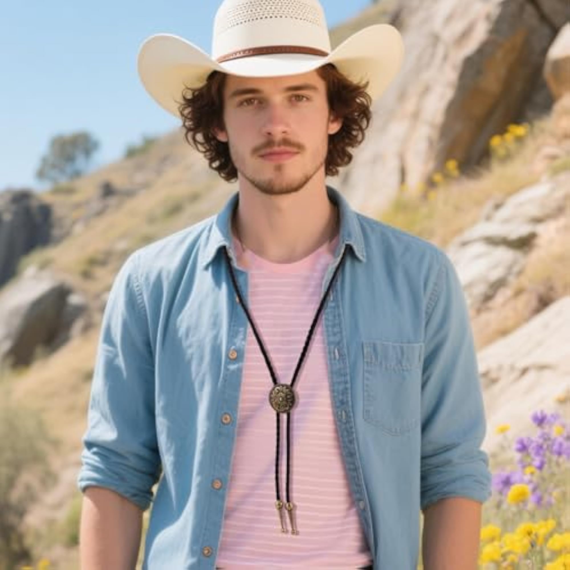 2pcs Adjustable Western Bolo Tie Necklace Set for Men & Women