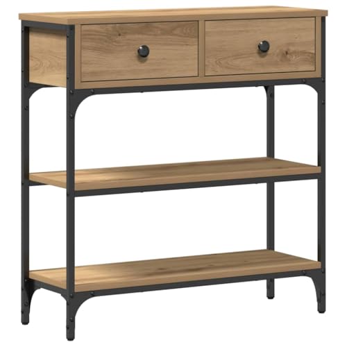 vidaXL Mesa Auxiliar Rústica de Roble Macizo con 2 Cajones | Madera Duradera y Acero Exhibición en Sala de Estar