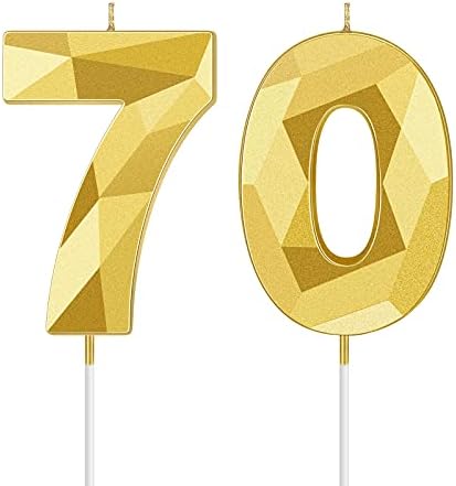 70th Birthday Candles, 3D Diamond Shape Number 70 Candles Happy Birthday Cake Topper Numeral Candles for Birthday Wedding Decoration Reunions Theme Party (Gold)