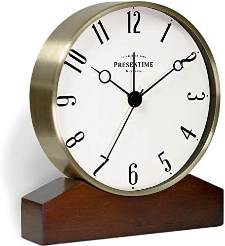PresenTime & Co Mozart Mantel Alarm Clock, Desk and Shelf Clock, Tabletop Decoration, 6 x 5.5 inch, Silent no Ticking, Wooden Base, Walnut Finish, Golden Color, Arabic Numeral