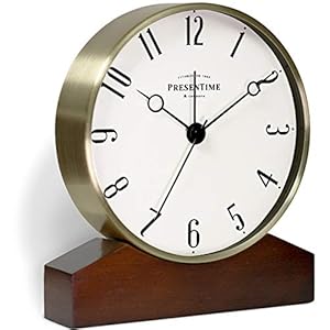 Presentime & Co Mozart Mantel Alarm Clock, Desk and Shelf Clock, Tabletop Decoration, 6 x 5.5 inch, Silent no Ticking, Wooden Base, Walnut Finish, Golden Color, Arabic Numeral
