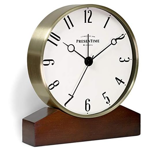 Presentime & Co Mozart Mantel Alarm Clock, Desk and Shelf Clock, Tabletop Decoration, 6 x 5.5 inch, Silent no Ticking, Wooden Base, Walnut Finish, Golden Color, Arabic Numeral