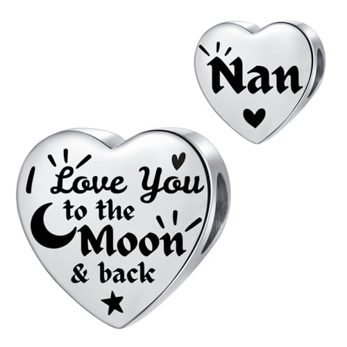 MiniJewelry Abalorio familiar de plata con forma de corazón compatible con pulseras Pandora, con texto en inglés 'I Love You to the Moon and Back', regalo para mujer, acero inoxidable, talla única