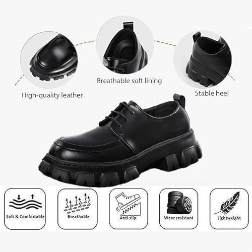 Men's Leather Platform Block Heel Oxfords Fashion Lace Up Round Toe Lug Sole Anti-Slip Business Dress Derby Shoes for Party Wedding Prom Work2